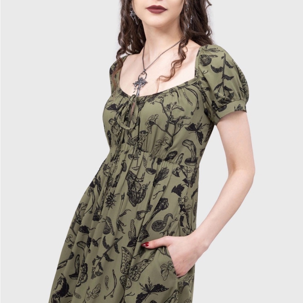 Killstar Olive Green Maxi Dress with Black Botanical Print - Picture 2 of 4
